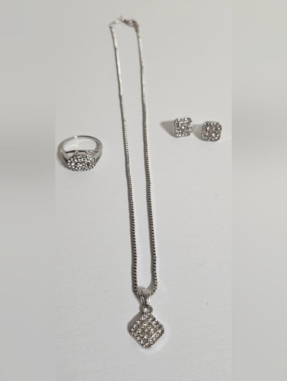 Sterling Silver Crystal Pendant Necklace, Ring & Earrings Set - Silver